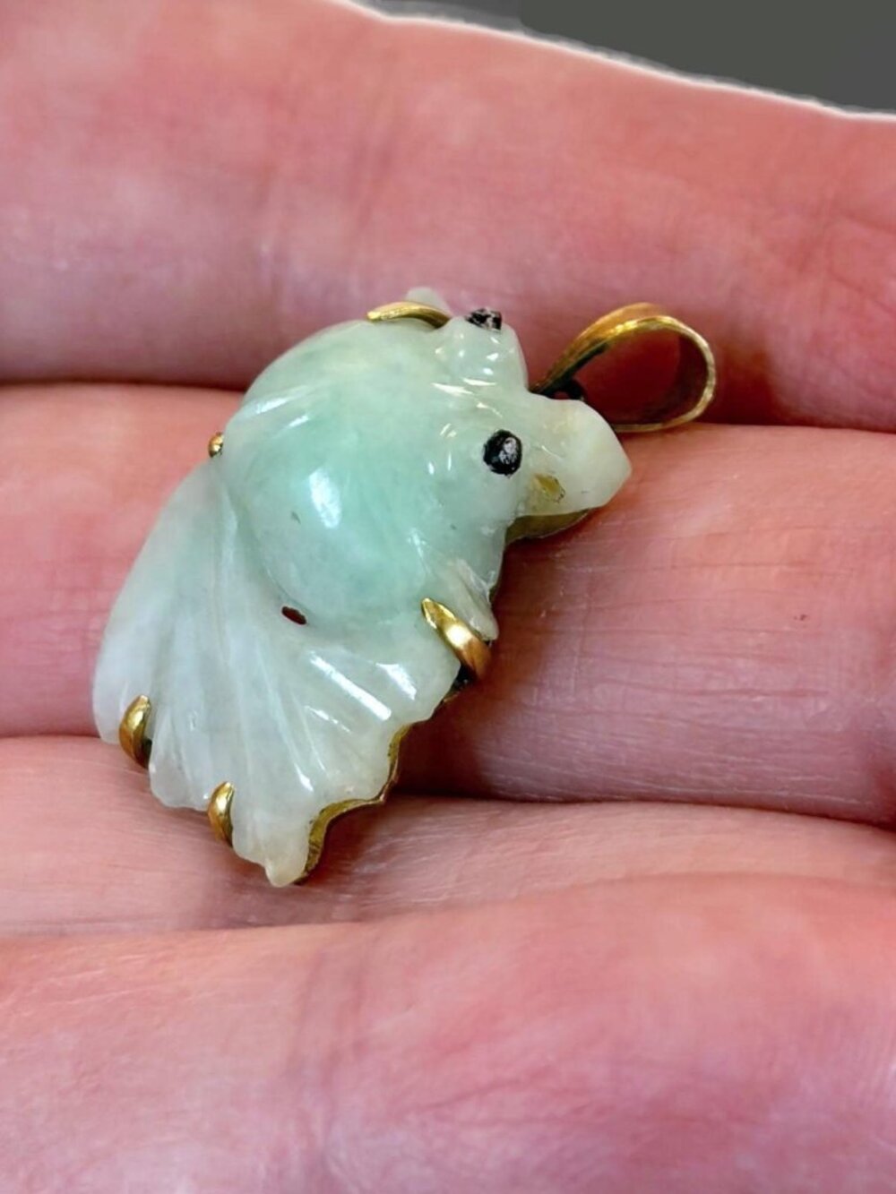 Jade Pendant, Fish, Koi, Green, 18K, Yellow Gold, Carved